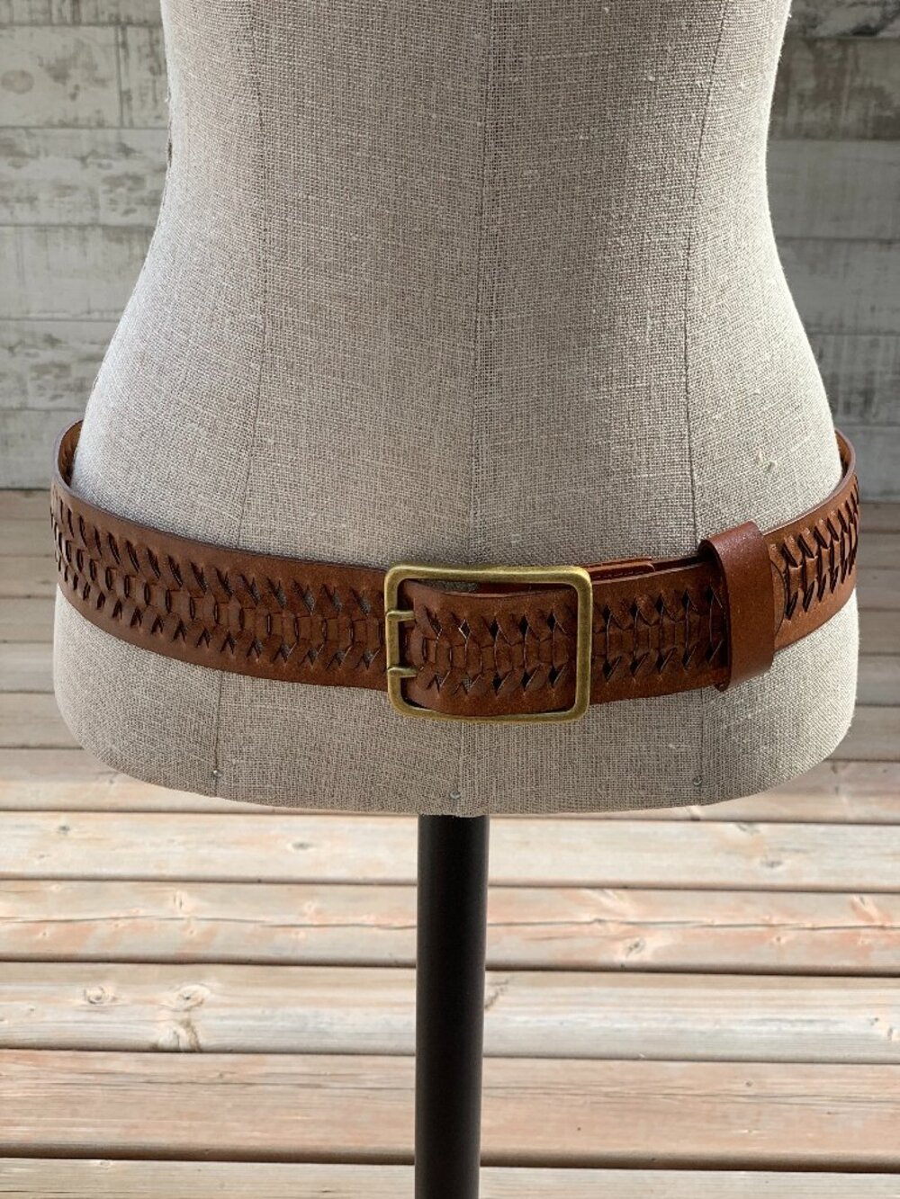 Y2K Old Navy Braided Woven Brown Leather Belt M Brass Buckle Boho Southwestern